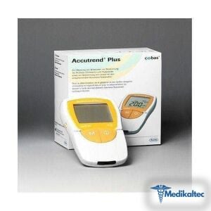 Accutrend Plus cihazı ve Roche logolu kutusu; GCT başlıklı ilandaki mevcut fotoğraf