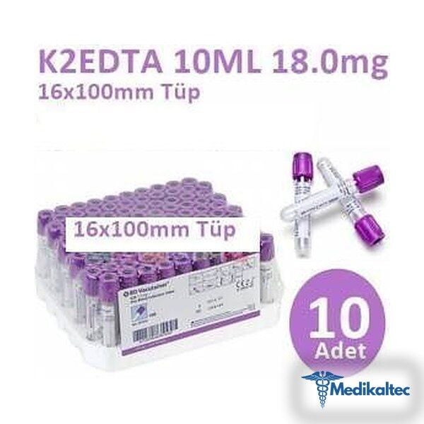 Medikaltec 100 Adet Kan Alma Tüpü, Mor Kapak, K2E K2EDTA, 10 ml, 18 mg, 16x100 mm, BD Vacutainer - Görsel 1