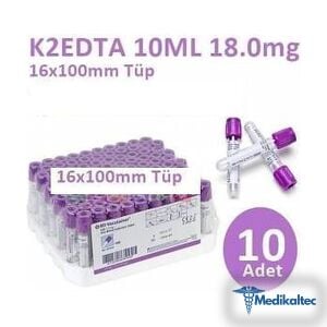 Medikaltec 100 Adet Kan Alma Tüpü, Mor Kapak, K2E K2EDTA, 10 ml, 18 mg, 16x100 mm, BD Vacutainer - Görsel 1