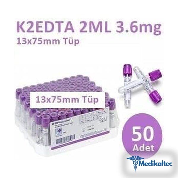 Medikaltec 50 Adet Kan Alma Tüpü, Mor Kapak, K2E K2EDTA, 2 ml, 3,6 mg, 13x75 mm, BD Vacutainer - Görsel 1