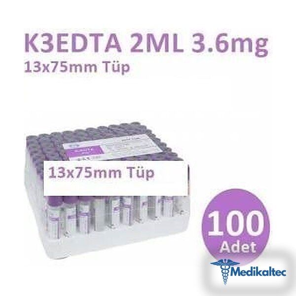 Medikaltec 100 Adet Kan Alma Tüpü, Mor Kapak, K3E K3EDTA, 2 ml, 3,6 mg, 13x75 mm, BD Vacutainer - Görsel 1