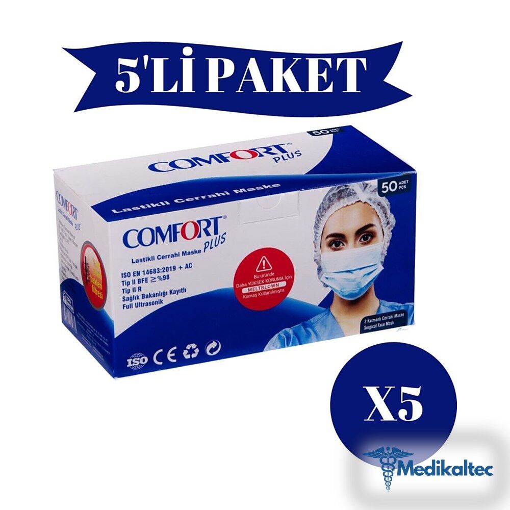 Medikaltec 3 Katlı Cerrahi Maske Full Ultrasonic Meltblown Filtreli Telli Maske 250 Adet 5 Paket 50'li - Görsel 1