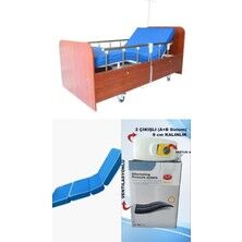 2 Motorlu Ahşap Hasta Karyolası + 4 Parç - 2 Motorlu Ahşap Hasta Karyolası + 4 Parçalı Yatak+ A+B Sistemli 8 Cm Boru Tipi Havalı Yatak Takım