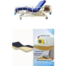 3 Motorlu Abs Başlıklı Tabanca Korkuluklu Hasta Karyolası + Visco Yatak + Baklava Tipi Havalı Yatak Takım