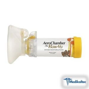 AeroChamber Plus Flow-Vu sarı çocuk maskeli, ayıcık desenli ara haznenin yandan görünümü