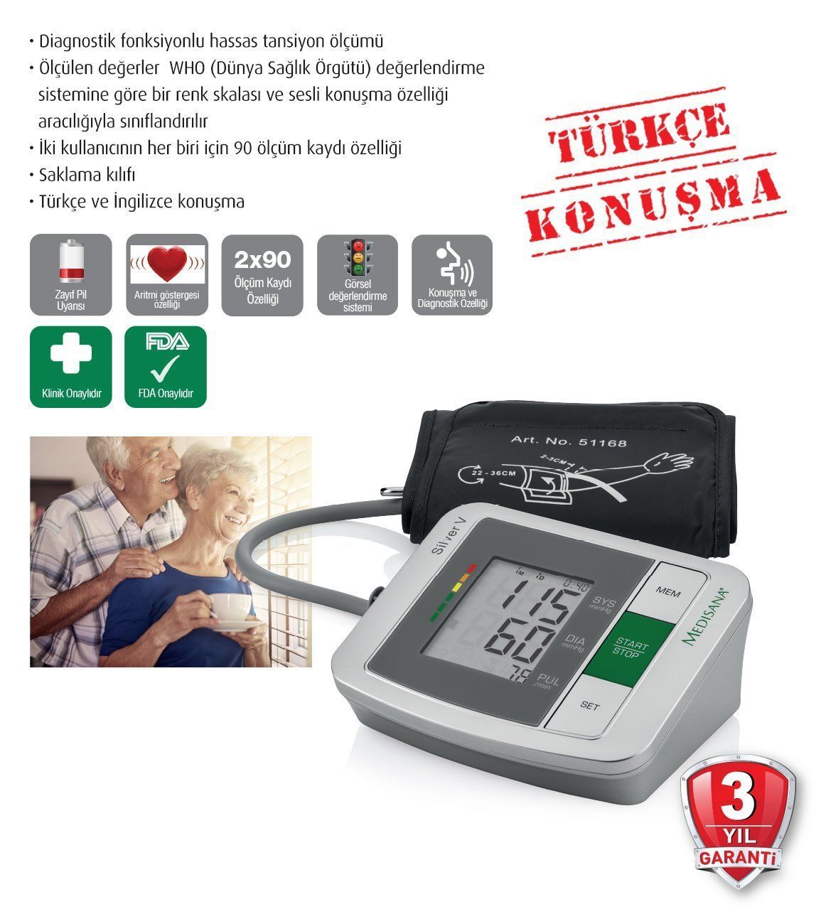 Medisana Türkçe Konuşan Tansiyon Ölçme C - Medikaltec Türkçe Konuşan Tansiyon Ölçme Cihazı Medikaltec8523 - Görsel 1 (Ön…