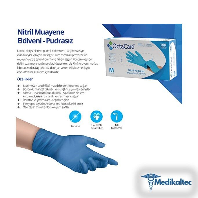 Medikaltec Nitril Pudrasız Muayene Eldiveni Mavi Small Beden Medikaltec4905 - Görsel 1 (Ön görünüm)